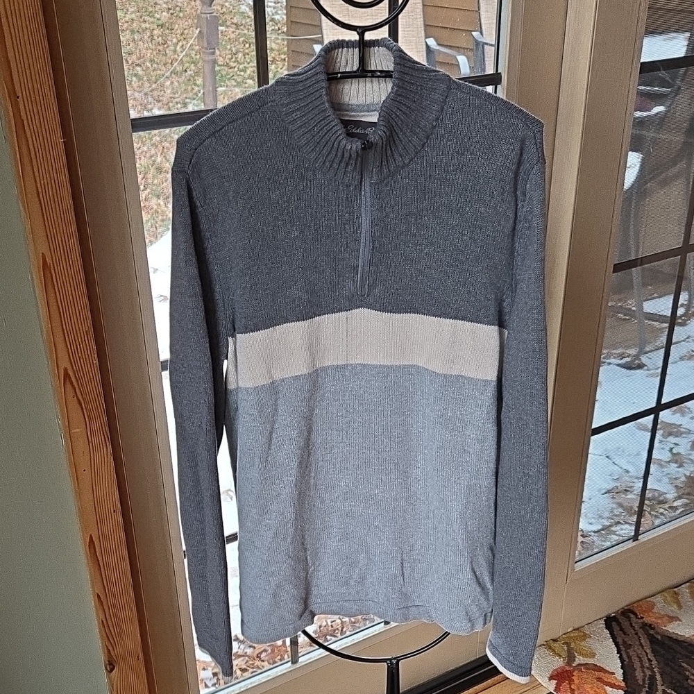 Eddie Bauer Mens Tall TL Quarter Zip Color Block Sweater Grey Charcoal Tan Knit